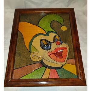 CREEPY CLOWN Colorful Art Picture Inlaid Wood JOKER JESTER Plaque 15x12 Signed